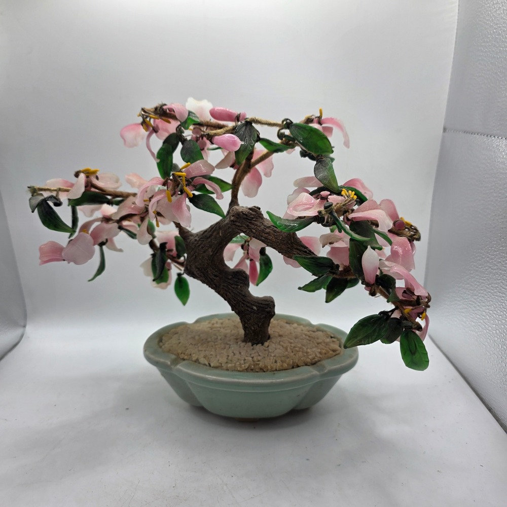 Vintage Chinese Glass Bonsai Tree Pink Cherry Blossoms Celadon Pot Made China